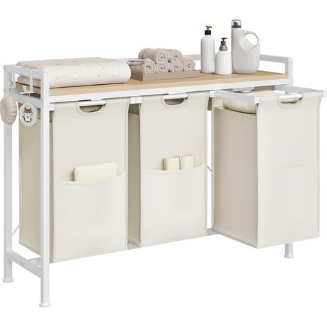 WOLTU Cesto para ropa sucia con 3 compartimentos extraíbles, color blanco