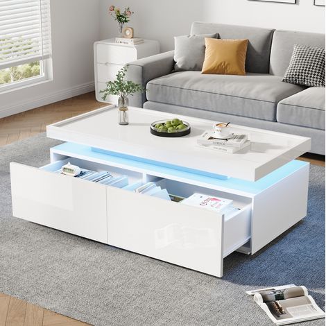 Mesa de centro de aglomerado blanco brillo 95 x 45 x 35 cm con LED y 2 cajones (1/5)
