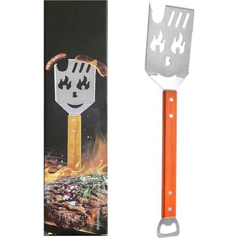 Accessoires Barbecue - Spatule Gril 7 en 1 pour BBQ, ustensiles Barbecue INOX avec Manche en Bois, Outils de Barbecue Uniques