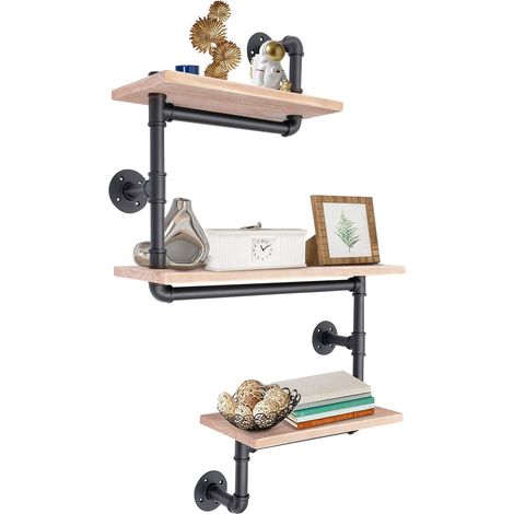 Étagère murale 3 niveaux en bois – Support de tuyaux en fer noir – Charge 30-50 kg par niveau – Dimensions 60 x 20 x 100 cm – Pour Cuisine, Bureau, Salon, Chambre (1/5)