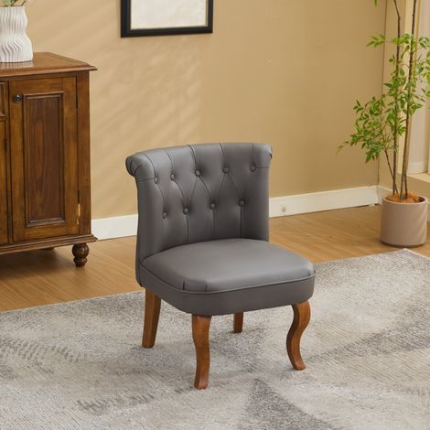 Chaise de salle à manger en cuir gris, dossier à boutons décoratifs, structure en bois, mousse et PVC (1/5)