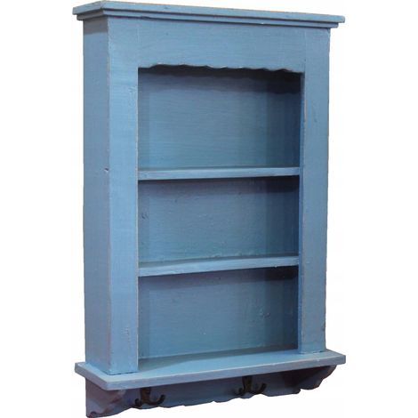 Étagère murale rustique en bois massif bleu pastel – 3 étagères ouvertes – Crochets en métal pour rangement – Fixation murale incluse (1/5)