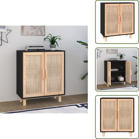 The Living Store Credenza Nera 60x30x70 cm Legno Massello Pino e Rattan Naturale - Credenza nera