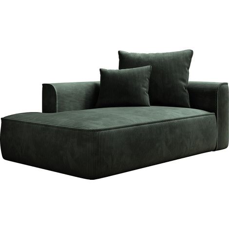 Vente-Unique – Méridienne gauche en velours côtelé vert – Assise déhoussable avec coussins – Confort équilibré – Fabriquée en Europe