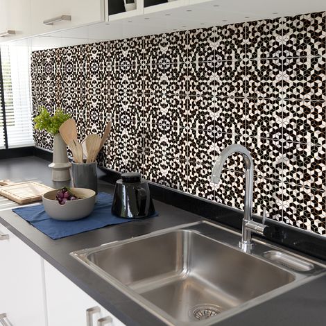 Sticker Mural Carrelage adhésif Cuisine Salle de Bain - 24 STICKERS CARREAUX DE CIMENT EFFET MARBRÉE NOIRE LIGNE DORÉE - 24stickers10x10cm (1/5)
