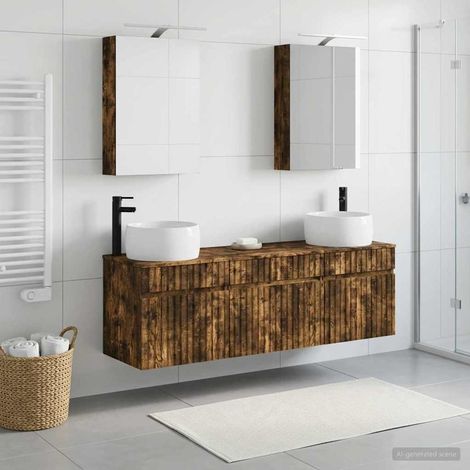 Ensemble meuble salle de bain 5 pièces Chêne fumé avec 2 lavabos, 2 armoires miroir LED, rangement mural en bois d'ingénierie (1/5)