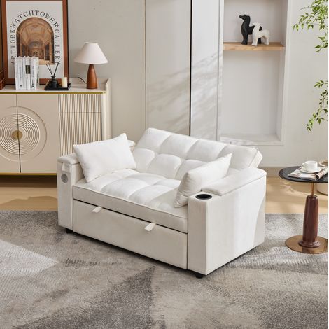 Sofá cama convertible 140.5x74x82 cm beige de tela con respaldo ajustable, USB, mesa oculta y portavasos (1/5)