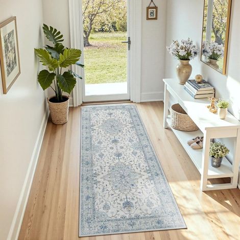 Tapis à poils courts, antidérapant, lavable, bleu, motif floral rétro vieilli, 60 x 180 cm (1/5)