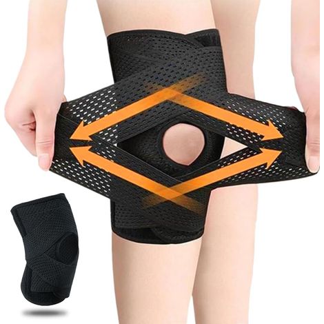 Sportknieorthese mit seitlichen Stabilisatoren, bei Arthrose, verstellbar, groß, für Kniescheibe und Bänder. (1/5)