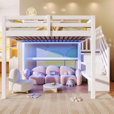Kinder-Hochbett 140x200 cm Kiefernholz Weiß mit LED und Stauraum, ohne Matratze – MEUBLIV (1/5)