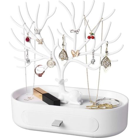 Arbre Porte-Bijoux avec Tiroirs – Support Polyvalent pour Boucles d’Oreilles, Colliers, Bracelets, Montres et Bagues – Design Cerf Blanc (1/5)