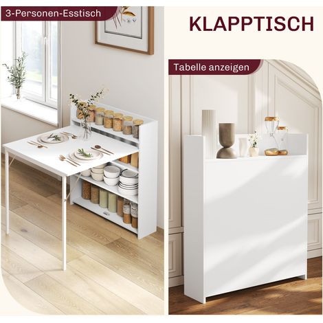 Table de cuisine pliante blanche avec 4 étagères intégrées, anti-basculement, idéale pour petit espace, salle à manger compacte (1/4)