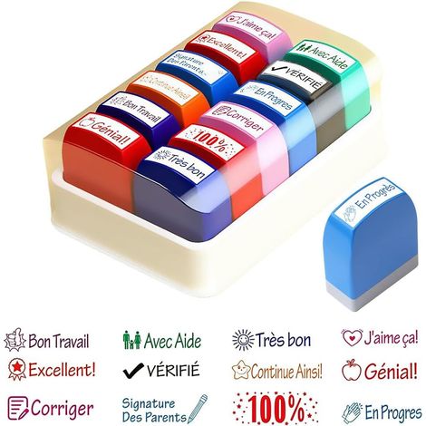 Juego de 12 sellos para profesores de francés, sellos autoentintables con caja de almacenamiento, sellos de recompensa y evaluación para niños, idea de regalo para profesores y preescolares. (1/5)