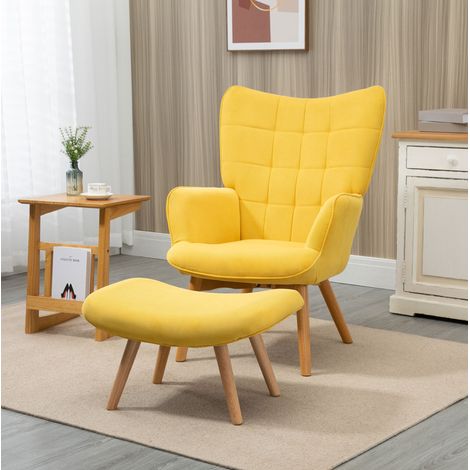 Sillón relax con reposapiés 72x80x101 cm amarillo poliéster con patas de madera y acolchado cómodo (1/5)