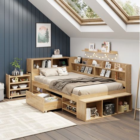 Letto singolo per bambini multifunzione 90x200 cm, in compensato naturale, con rete a doghe, cassetto e vani contenitori (1/5)