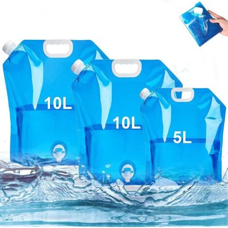 Lot de 3 bidons d'eau pliables avec robinet 2 x 10 L + 1 x 5 L bidon d'eau potable portable sans BPA bidon d'eau pliable pour camping barbecue pique-nique voyage en plein air (bleu) (1/4)