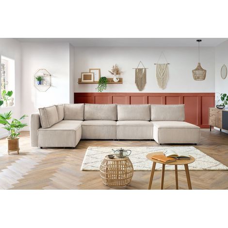 Bobochic – Canapé d'angle modulable 5 places – Tissu velours côtelé – 3 chauffeuses, 1 angle, 1 méridienne – Longueur 386cm, Hauteur 88cm (1/5)