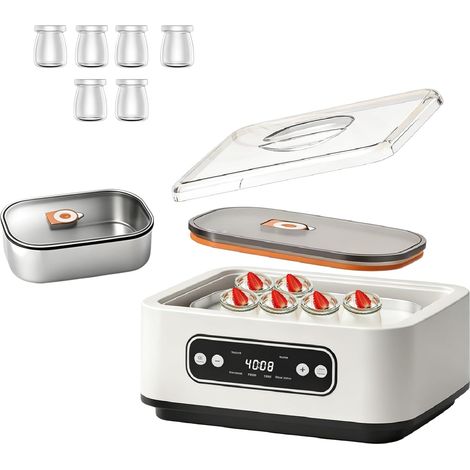 Yaourtière avec 6 récipients en verre de 180 ml, 1,6 l avec température et minuterie, 20 W, 4 programmes préréglés, arrêt automatique, écran LCD, yaourtière pour yaourt grec, maison (1/5)