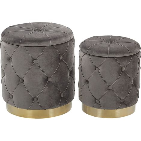 Set di 2 Pouf Contenitore Poliestere Grigi Imbottitura Trapuntata Base Oro Pueblo