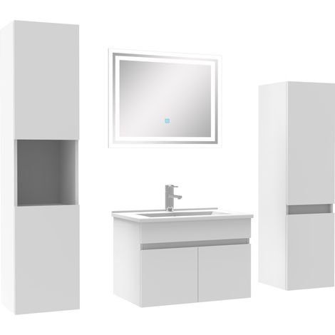 Acezanble meuble Salle de Bain Blanc 60cm simple vasque + colonne + miroir LED (1/5)