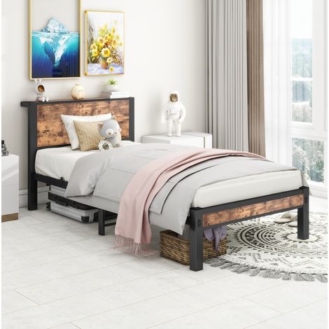 Lit simple style industriel 90x200 cm en MDF et métal brun antique, avec tête de lit et rangement sous le lit (1/5)