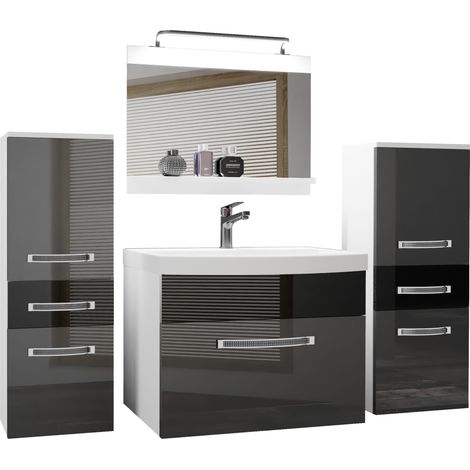 BELINI Meuble de Salle de Bain  Lavabo Inclus, Meuble sous-Vasque, Miroir et 2X Cabinet  Largeur: 140 cm  Kit d'éclairage Inclus  Couleur : Argent très Brillant/Noir très Brillant (1/5)