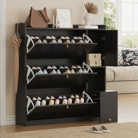 Coffre à chaussures inclinable 3 tiroirs rabattables, meuble d'entrée avec étagère, rangement autoportant avec banc pliant pour couloir, Noir, 119x24x122 cm
