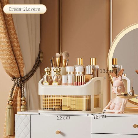 Boîte de rangement cosmétique transparente à tiroir (Crème - 2 couches) grande capacité (1/2)