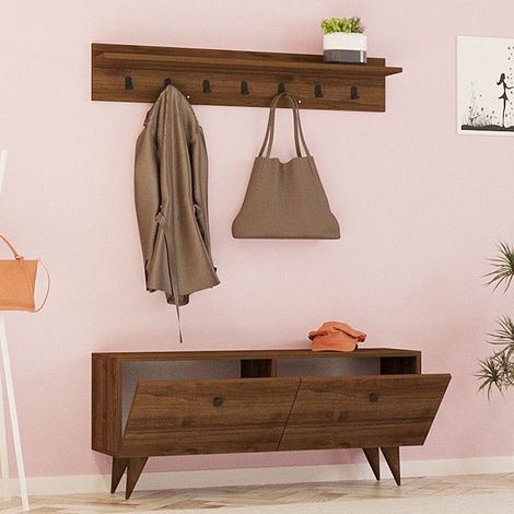 Mueble de Entrada Serina, Perchero, 2 Estantes, Apertura Abatible, 113x35x49h cm Marrón Nogal (1/4)