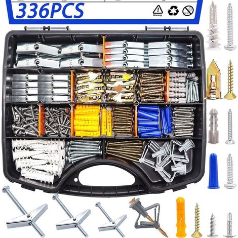 Kit assortimento di 336 tasselli a farfalla per cartongesso e viti, 11 misure, kit di tasselli in metallo e plastica con viti, kit per appendere mensole decorative a parete (1/5)