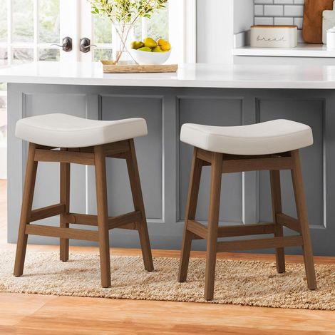 Barhocker 2er Set, 61 cm Sitzhöhe, Kunstleder, Holzbeine, Antikes Weiß (1/5)