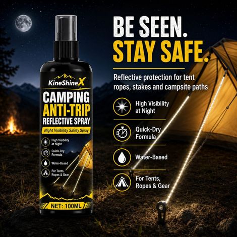 Spray réfléchissant de sécurité pour camping KineShineX 100 ml, convient aux cordes de tente, aux piquets de sol, aux fermetures éclair, aux sacs à dos et au matériel de camping. (1/4)