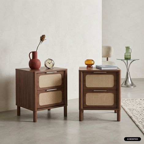 Lot de 2 tables de chevet vintage décor bois et cannage 2 tiroirs noyer - Etta (1/5)