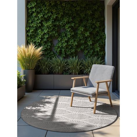 Tapis d'intérieur et d'extérieur rond, moderne, tissé à plat, réversible, avec design floral, résistant aux intempéries et aux UV, pour balcon, terrasse, jardin, blanc (1/5)