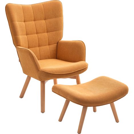 Fauteuil à oreilles avec repose-pieds en velours côtelé marron, pieds en bois de hêtre, dossier haut, pour salon (1/5)