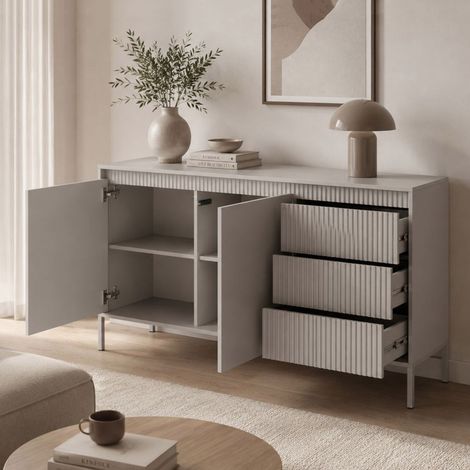 Credenza Hatomo, Aparador 3 Cajones, 2 Estantes, Puerta Batiente, Corredera, 154x40x81h cm Beige (1/5)