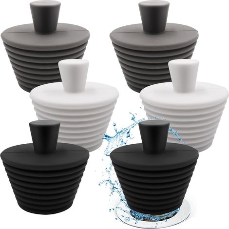 Set di 6 tappi per lavabo in silicone per lavandino, vasca da bagno, scarico, bagno, cucina (nero/grigio/bianco) (1/5)