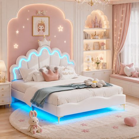 Lit double 140x200cm avec lumière LED, lit capitonné, tête de lit nuage réglable, lit enfant avec couronne, style princesse moderne, pieds en métal, sommier à lattes, lit ado, PU, Beige (1/5)