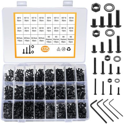 Assortimento di 1225 bulloni esagonali in acciaio al carbonio M2, M3, M4 e M5 con dadi (neri).