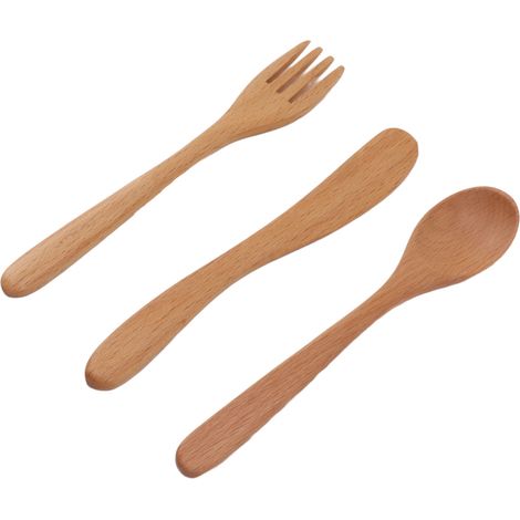 Ensemble de couverts en bois de style japonais, en hêtre épais et robuste, comprenant une cuillère, une fourchette et un couteau, idéal pour la cuisine à la maison.