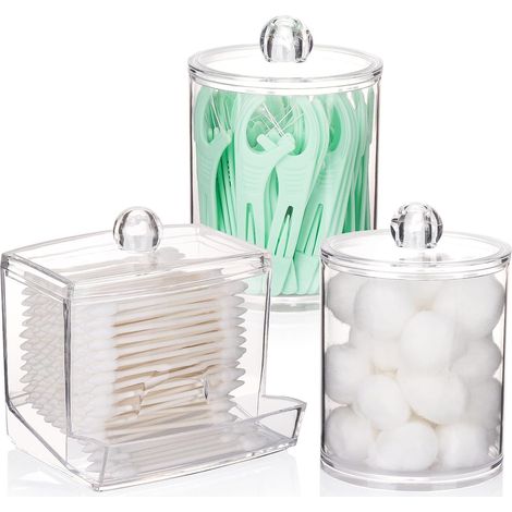 Dispensador de bastoncillos de algodón, recipiente para el baño, tarro de plástico transparente para guardar bastoncillos de algodón y palillos de dientes. (1/5)