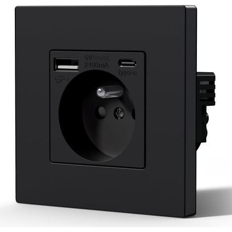 Prise Electrique avec USB et Type C, Prise Murale avec Panneau En Plastique, Alternatif Norme Française 16 Amp 240V 86mm Noir