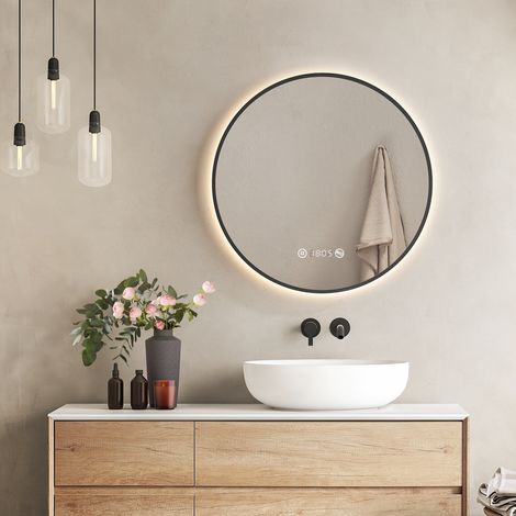 EMKE Runder LED Badspiegel 60cm Schwarzer Rand mit Antibeschlag, Neutrales Licht, Uhr & Temperaturanzeige, Dimmbar mit Memory-Funktion