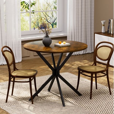 Mesa de comedor redonda 90/90/78 cm, marrón vintage y negra, con patas metálicas (1/5)