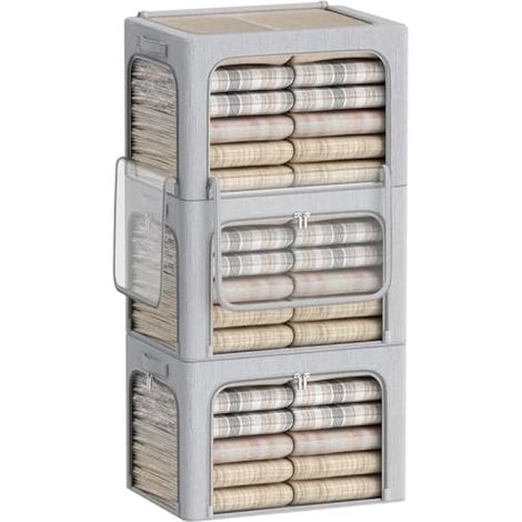 Lot de 3 boîtes de rangement empilables et pliables à 3 ouvertures, cadre en métal, organiseur de vêtements avec fenêtre transparente, poignées de transport (gris clair, 100 L - 60 x 41,9 x 40 cm) (1/5)