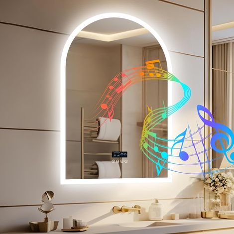 Specchio da Bagno Led Smart con Bluetooth e Orologio, Retroilluminato + Frontale Luce, Arco 90x60cm