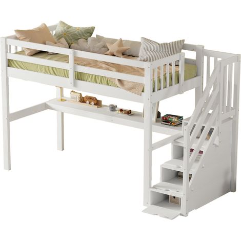 Lit mezzanine 90 x 200 cm pour enfant avec bureau intégré, rangements et tiroirs, structure en bois de pin blanc, idéal pour chambre compacte  CHICFURN (1/5)
