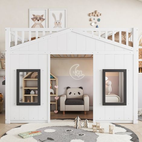 Lit enfant superposé avec escalier, barrière de sécurité et garde-corps, fenêtre intégrée, espace inférieur modulable, cadre en pin et MDF, blanc, 90x200 cm