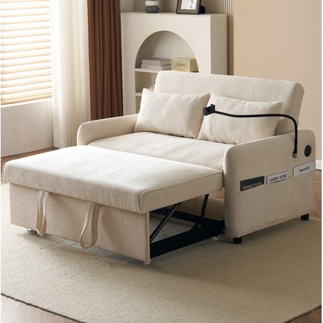 Divano letto 2 posti 129x76x81 cm beige – schienale regolabile, USB, tessuto chenille, MEUBLIV (1/5)
