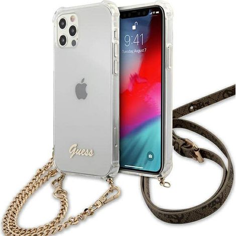 Coque transparente Guess 4G pour iPhone 12 avec chaîne dorée